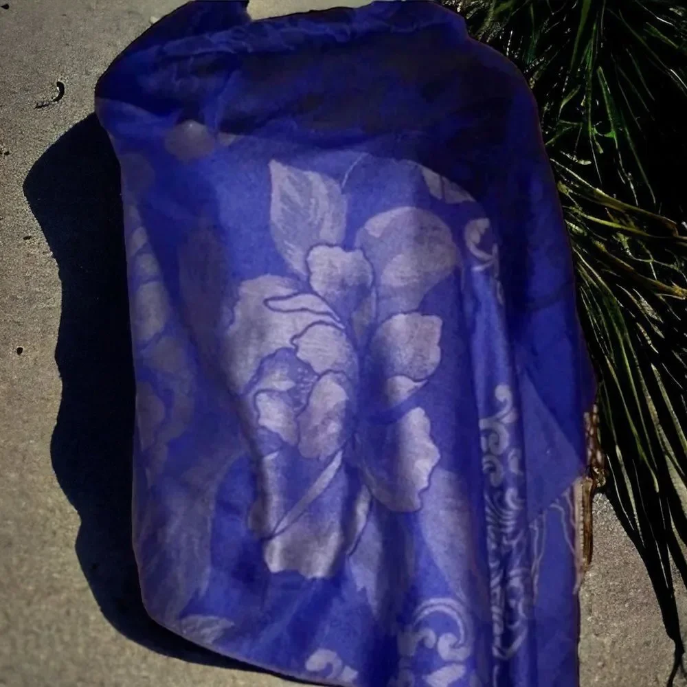 Large Damask Floral Print Scarf/Wrap | Blue/Purple with Twisted Fringes 68”x20”